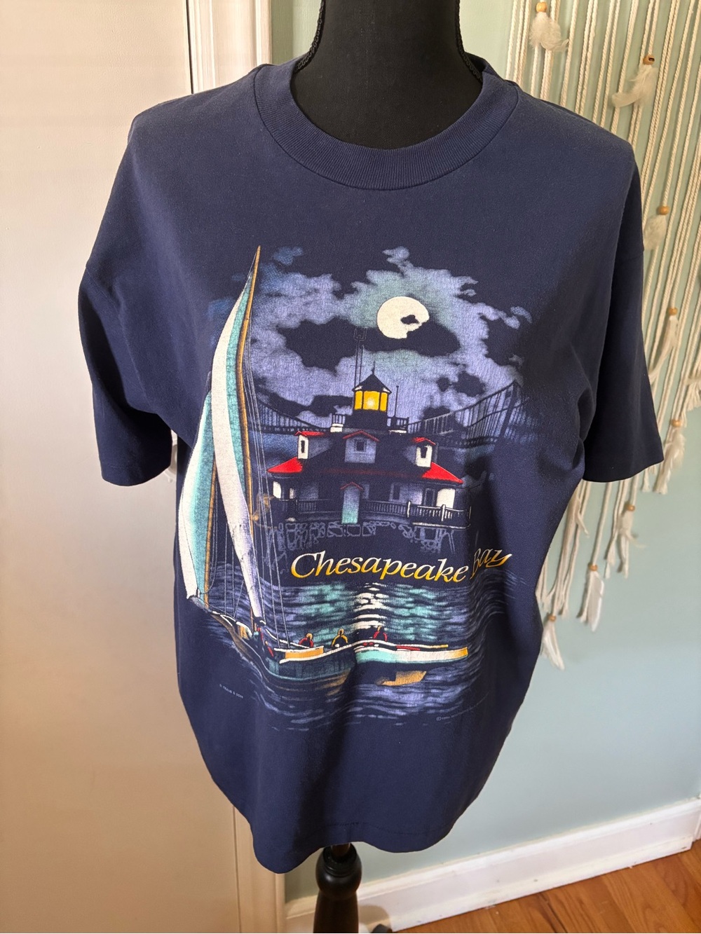 Vintage 1994 Hanes Navy Sailboat & Lighthouse Graphic Tee